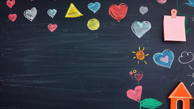 Blackboard covered with students  handwritten messages and drawings, school board, student engagement