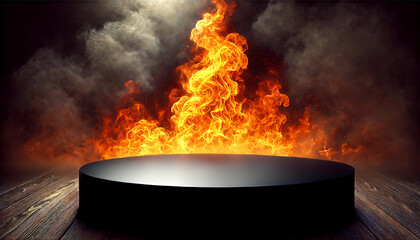 wooden table with Fire burning at the edge of the table, fire particles, sparks, and smoke in the air, with fire flames on a dark background to display products
