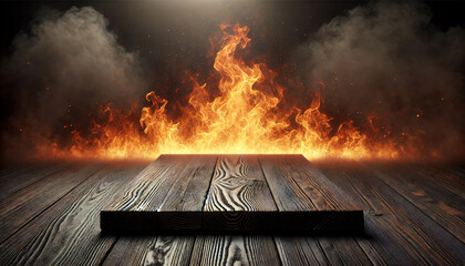 Blank wooden table with fire burning at the edge of the table, fire sparks and smoke with flames on a dark background to display products