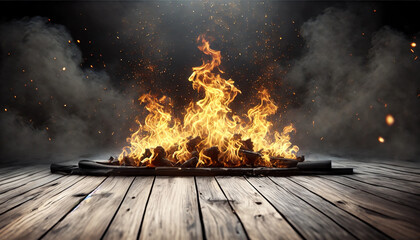 Blank wooden table with fire burning at the edge of the table, fire sparks and smoke with flames on a dark background to display products