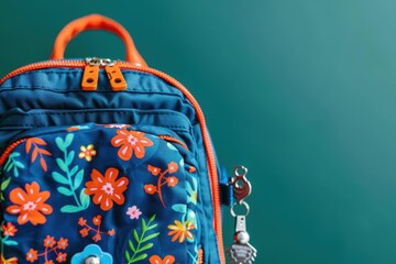 Closeup of a child s backpack with tags and keychains, ready for the school day, first day of school, personalized school supplies