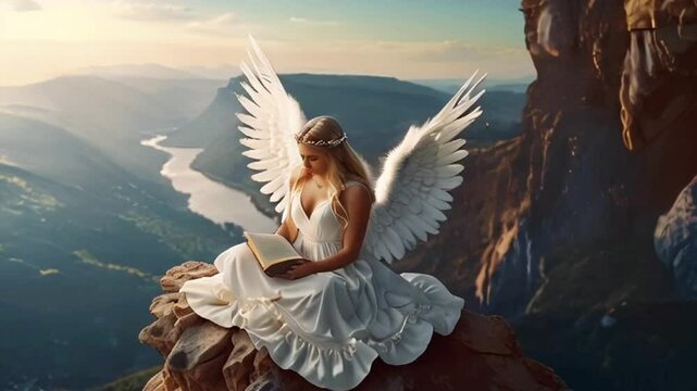 angel with wings Who is reading a book, smooth looping video.