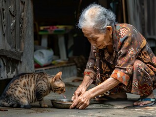 Elderly Asian Woman in Traditional Dress Feeding a Cat