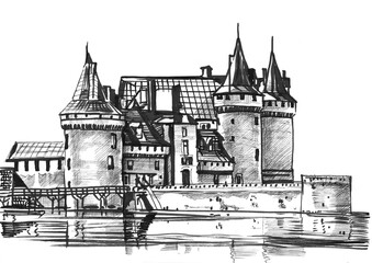 Medieval castle. Hand drawing sketch. Illustration jpg