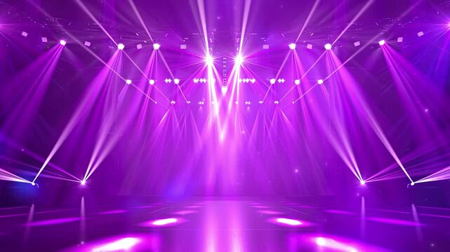 Purple stage background with purple spotlights. Festive empty purple stage or podium for show with backdrop decoration. Fashion show catwalk or podium stage. Luxury night club, dance hall, Disco. 4K