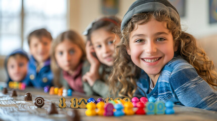 Children playing the traditional dreidel game during Hanukkah, festival of lights