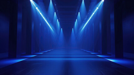 Abstract blue background with blue stage light and spotlights on empty floor. Blue light rays background. Podium for product presentation, party, dance hall, disco, theater, show. Beautiful background