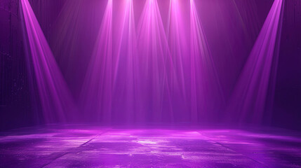 Purple stage background with purple spotlights. Festive empty purple stage or podium for show with backdrop decoration. Fashion show catwalk or podium stage. Luxury night club, dance hall, Disco