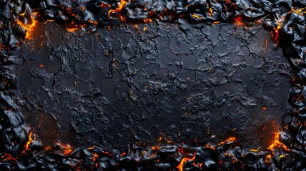 A textured black surface, resembling hardened lava, is framed by glowing, fiery molten rock, with vibrant orange accents highlighting the dramatic contrast.