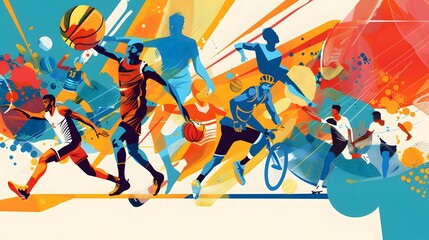 Sports background design with abstract modern template. Vector illustration of sport players in different activities. football, basketball, baseball, tennis, rugby, bicycling. 