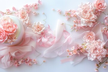 Delicate Pink Floral Arrangement with Cake and Ribbon