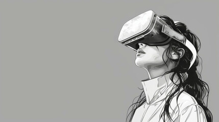 brunette girl stands in virtual reality glasses, black and white illustration, anime style