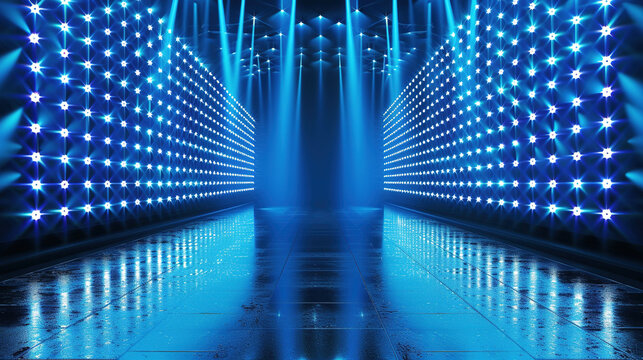Abstract blue background with blue stage light and spotlights on empty floor. Blue light rays background. Podium for product presentation, party, dance hall, disco, theater, show. Beautiful background