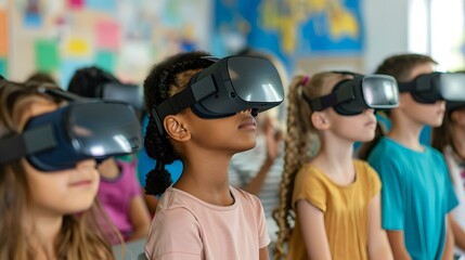Children interacting with educational VR content in a classroom