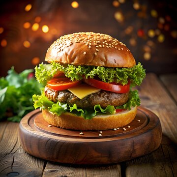 Mouthwatering hamburger lettuces tomato cheese bread bukeh effect dark background 