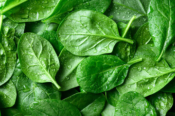 Background from fresh green spinach leaves with water drops. Texture of raw organic baby spinach close up. Food background