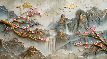 Volumetric stucco molding concrete wall panel with pink blossoms blue mountains, gray gold