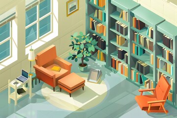 Obraz premium Cozy reading nook with armchairs, bookshelves, and natural light for work and relaxation