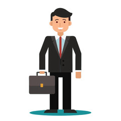 A cartoon illustration of a smiling businessman with black hair, holding a briefcase and standing confidently in a black suit with a red tie, on a transparent background