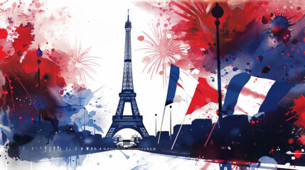 Eiffel Tower and French Flags with Fireworks for Bastille Day