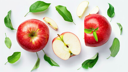 Fresh red apple, halved with leaves, floating in mid-air against a white background. Full depth, clipping path included.