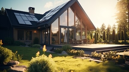 Obraz premium Contemporary house featuring blue solar panels, a sustainable energy source under a clear sky