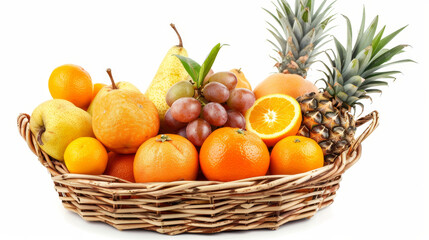 Exotic fruit mix—including coconuts, mango, fig, passion fruit, and carambola. Food levitation and zero gravity concept. High-resolution image.