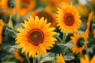Close-up of vibrant yellow sunflowers blooming in a summer field, showcasing nature's beauty and freshness - Generative ai