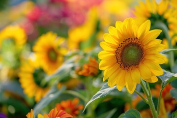 Fototapeta premium Close-up of vibrant yellow sunflowers blooming in a summer field, showcasing nature's beauty and freshness - Generative ai