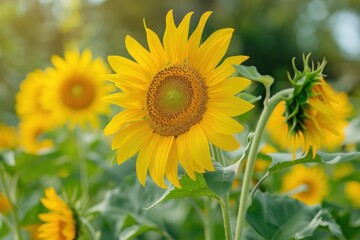Fototapeta premium Close-up of vibrant yellow sunflowers blooming in a summer field, showcasing nature's beauty and freshness - Generative ai