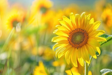 Obraz premium Close-up of vibrant yellow sunflowers blooming in a summer field, showcasing nature's beauty and freshness - Generative ai