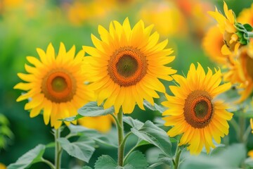 Fototapeta premium Close-up of vibrant yellow sunflowers blooming in a summer field, showcasing nature's beauty and freshness - Generative ai