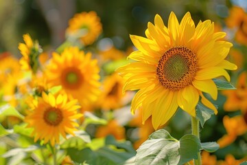 Fototapeta premium Close-up of vibrant yellow sunflowers blooming in a summer field, showcasing nature's beauty and freshness - Generative ai