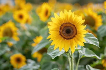 Obraz premium A field of vibrant yellow sunflowers with one flower in focus, highlighting the beauty of nature - Generative ai