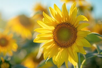 Fototapeta premium Close-up of vibrant yellow sunflowers blooming in a summer field, showcasing nature's beauty and freshness - Generative ai