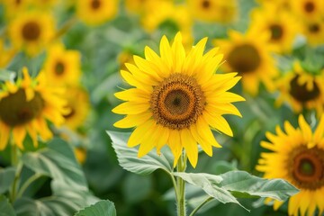 A field of vibrant yellow sunflowers with one flower in focus, highlighting the beauty of nature - Generative ai