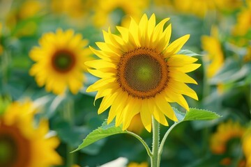 Fototapeta premium A field of vibrant yellow sunflowers with one flower in focus, highlighting the beauty of nature - Generative ai