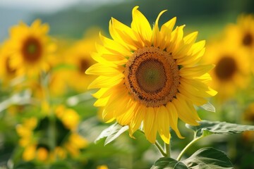 Obraz premium A field of vibrant yellow sunflowers with one flower in focus, highlighting the beauty of nature - Generative ai