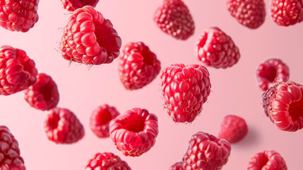 Various fresh ripe raspberries falling on a light pink background, horizontal composition.