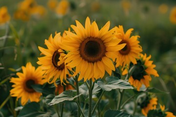 Fototapeta premium A field of vibrant yellow sunflowers with one flower in focus, highlighting the beauty of nature - Generative ai