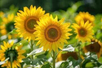 A field of vibrant yellow sunflowers with one flower in focus, highlighting the beauty of nature - Generative ai