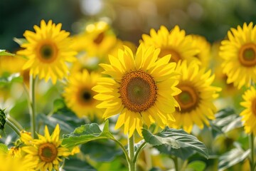 A field of vibrant yellow sunflowers with one flower in focus, highlighting the beauty of nature - Generative ai