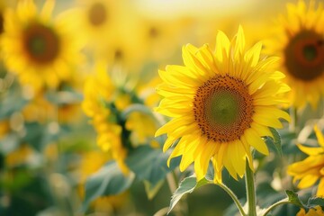 Fototapeta premium A field of vibrant yellow sunflowers with one flower in focus, highlighting the beauty of nature - Generative ai