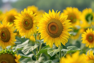 Fototapeta premium A field of vibrant yellow sunflowers with one flower in focus, highlighting the beauty of nature - Generative ai