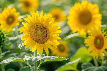 Obraz premium A field of vibrant yellow sunflowers with one flower in focus, highlighting the beauty of nature - Generative ai
