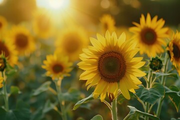 Obraz premium A field of vibrant yellow sunflowers with one flower in focus, highlighting the beauty of nature - Generative ai