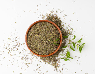 Dry thyme isolated, dried marjoram, oregano pile, ground crushed thyme seasoning, thyme leaves