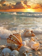 Seashells on the beach with a stunning sunset and blue sky, capturing the beauty of nature's seashore - Generative ai