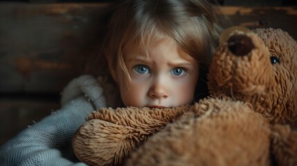 Vulnerable Child Seeking Comfort from Beloved Stuffed Toy in Eerie Setting