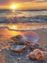Seashells on the beach with a stunning sunset and blue sky, capturing the beauty of nature's seashore - Generative ai